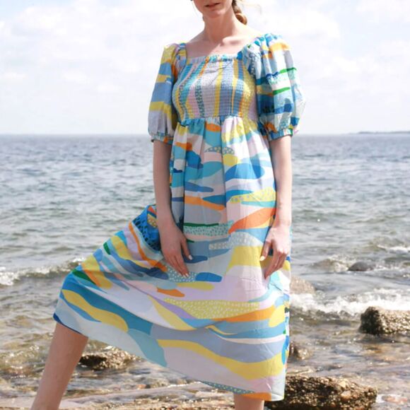 Jessie Zhao Landscape Smocked Cotton Silk Midi Dress Size S (Orig. $178) - Picture 1 of 8